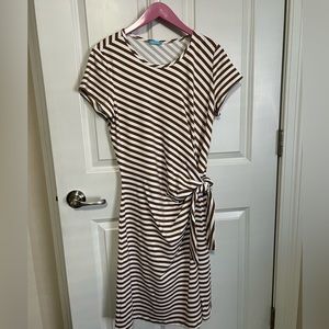 J McLaughlin Dress. Camel Brown and White stripe. Looks great dressy or casual.